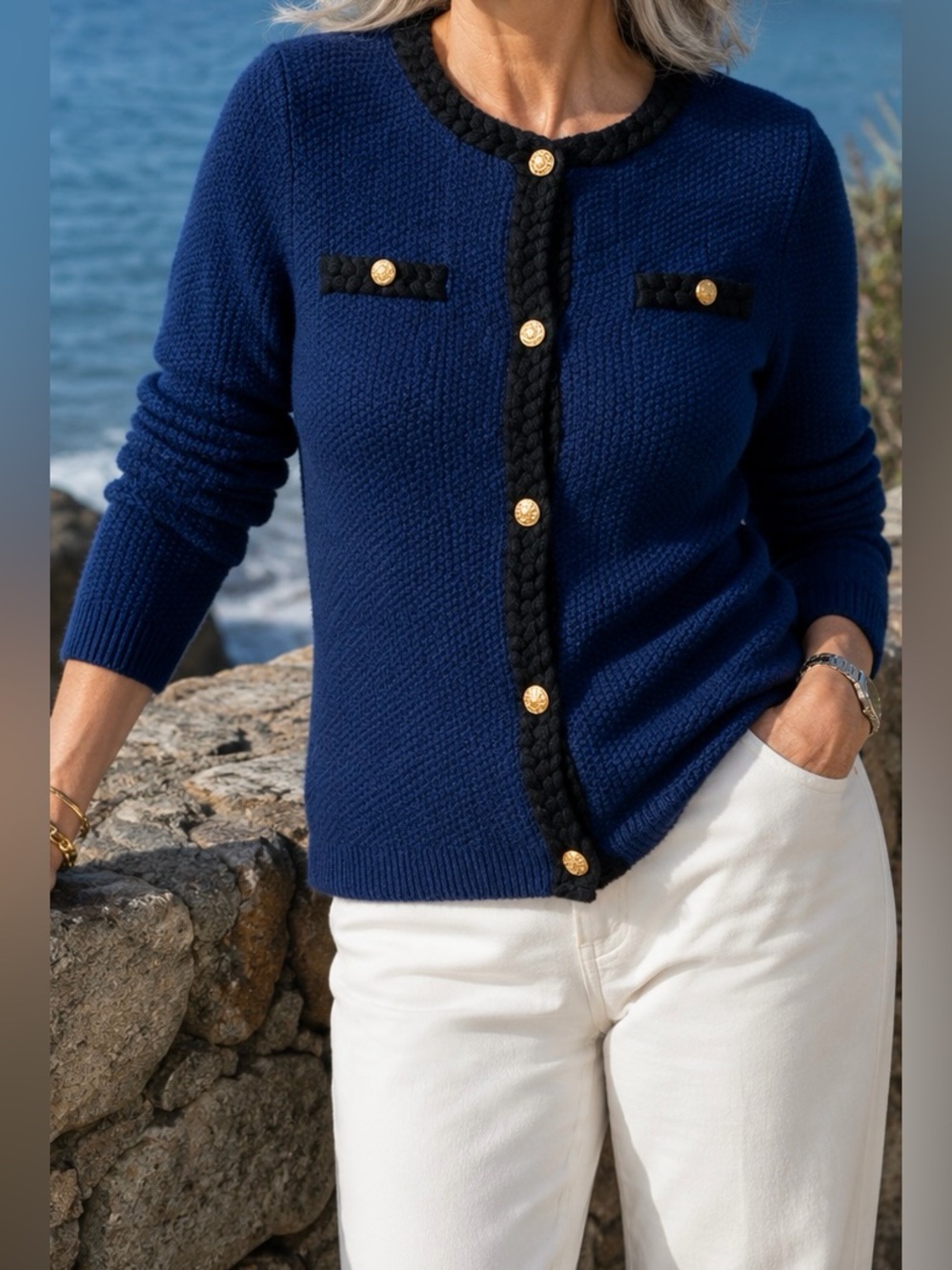 Navy Textured Cardigan Sweater | NWOT | Classic | Gold Buttons | Black | Preppy